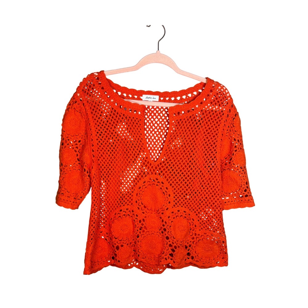Another Love Orange Crochet Floral Boho Top M/L Festival Peplum Short Sleeve‎